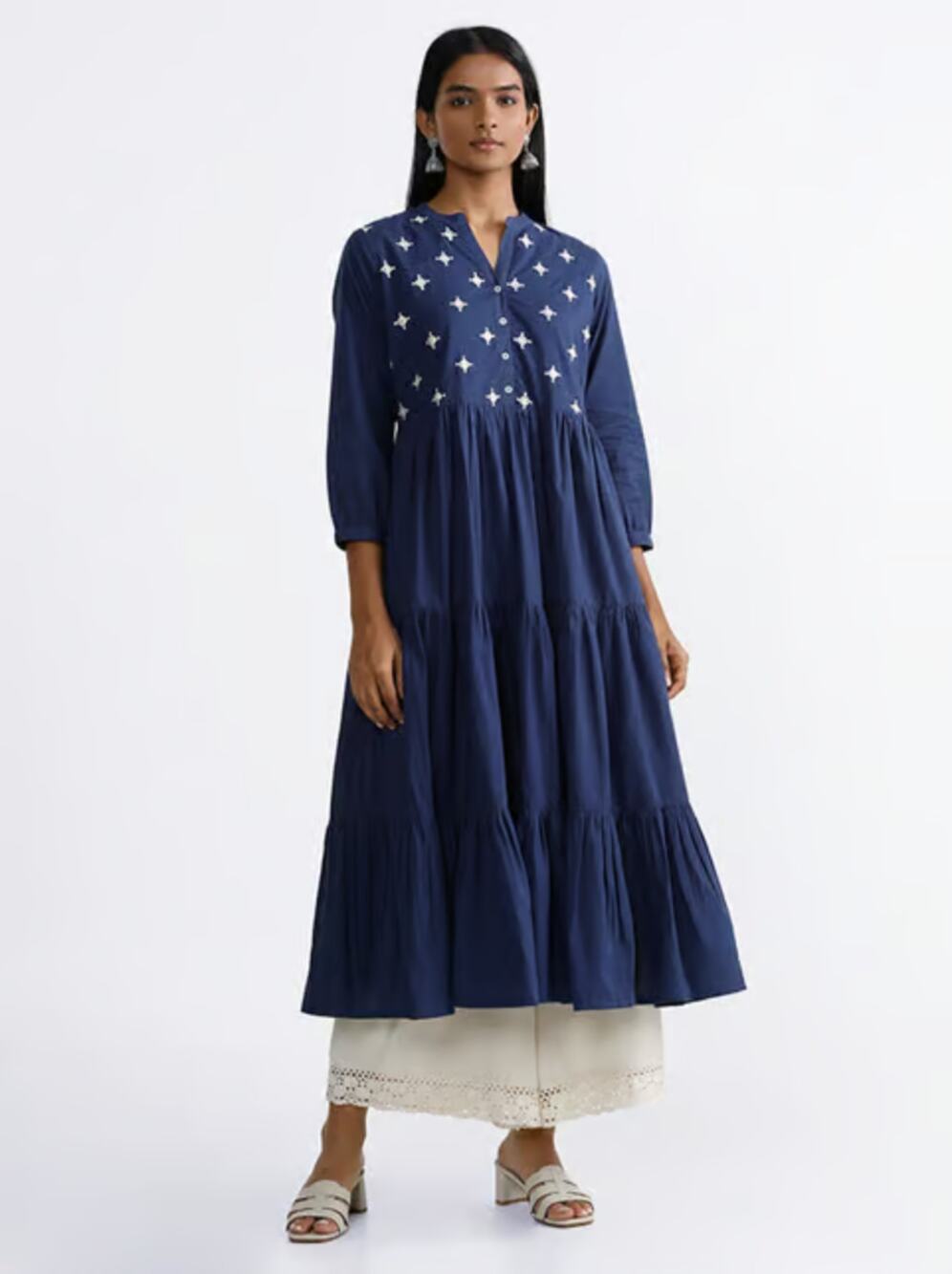 Utsa Embroidered Embellished Tiered A-Line Kurta Size L Cotton Breathable